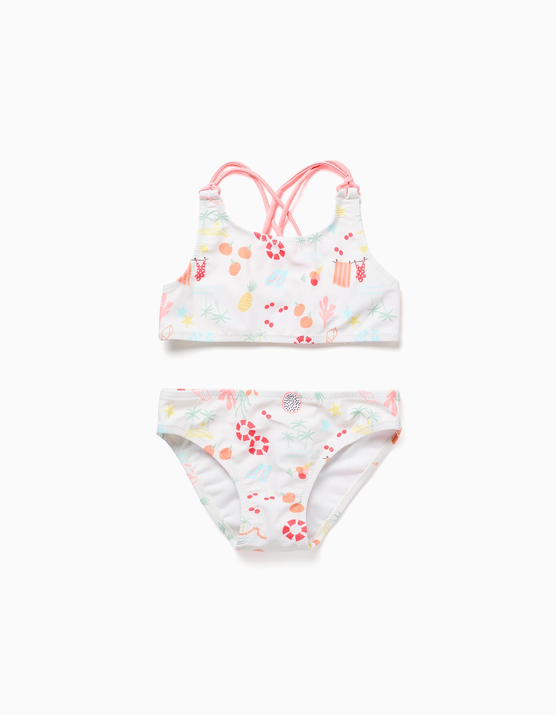 Maillot de bain 2 pièces à motif de plage et doublure pour fille, blanc