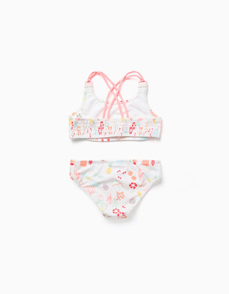 Maillot de bain 2 pièces à motif de plage et doublure pour fille, blanc