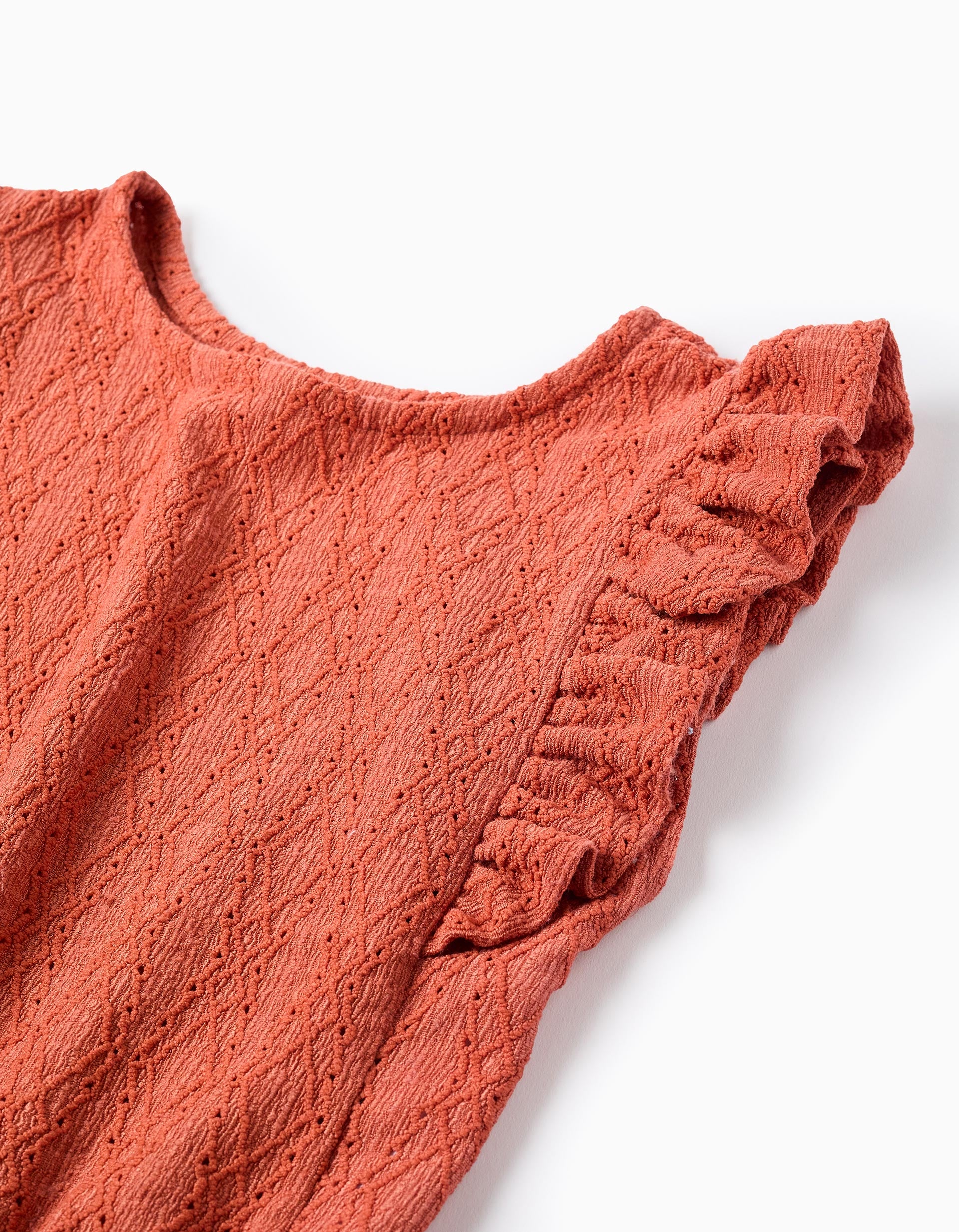 Top sin mangas con bordado inglés y volantes para niña, naranja