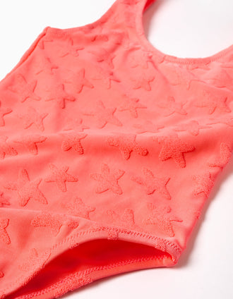 Bañador con motivo de estrellas en bouclé para niña, coral neón
