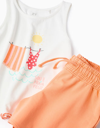 Sleeveless top + shorts in cotton for girls, white/orange