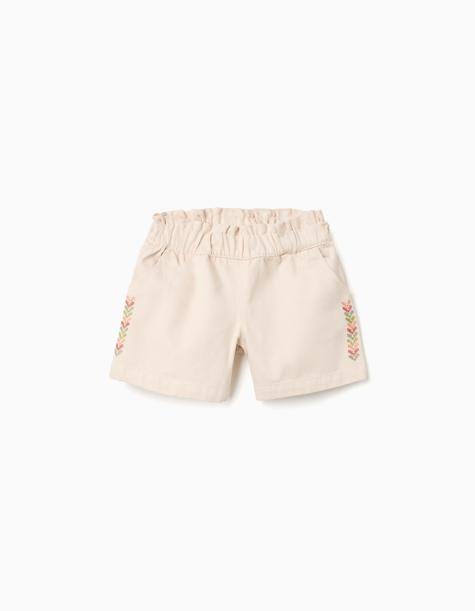 Shorts de sarga con bordado y cintura paperbag para niña, beige claro