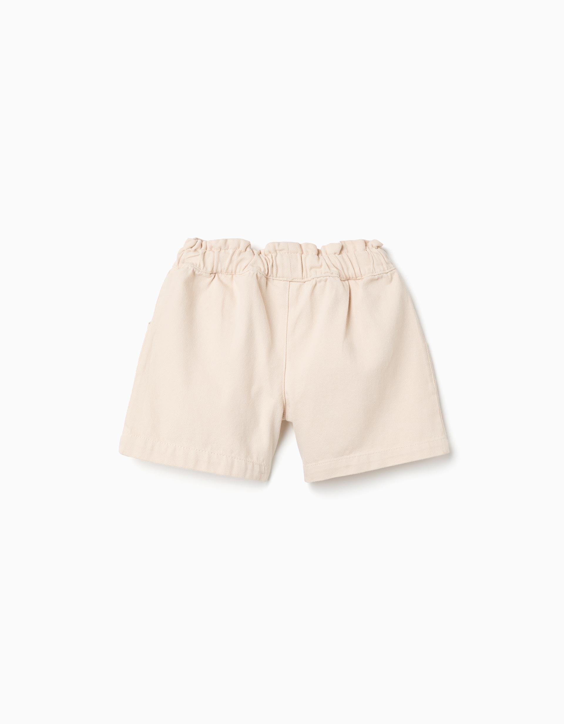 Shorts de sarga con bordado y cintura paperbag para niña, beige claro
