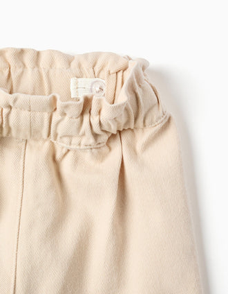 Twill shorts with embroidery and paperbag waist for girls, light beige