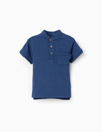 T-shirt de algodão com gola mao e bolso para bebé menino, azul-escuro