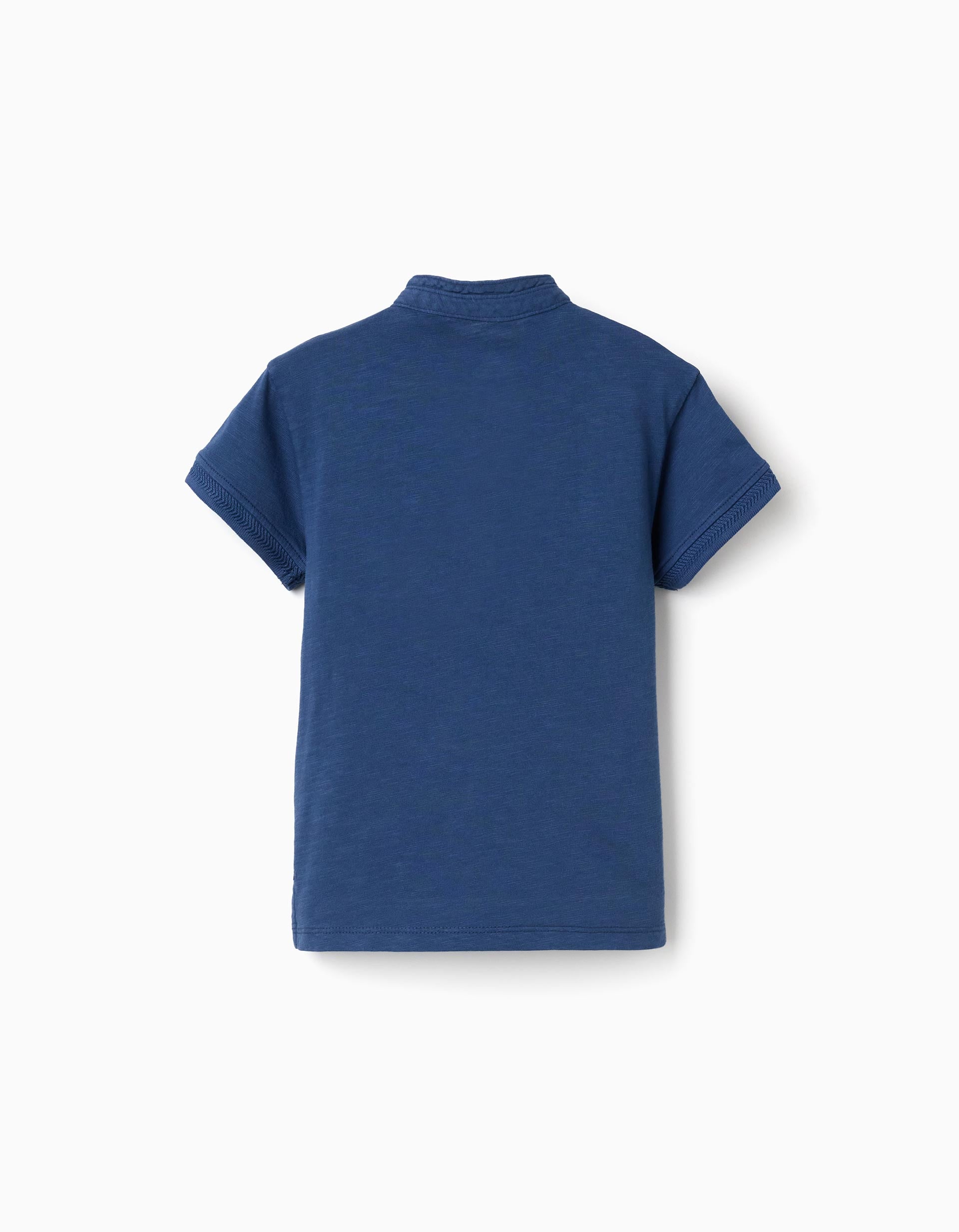 T-shirt de algodão com gola mao e bolso para bebé menino, azul-escuro