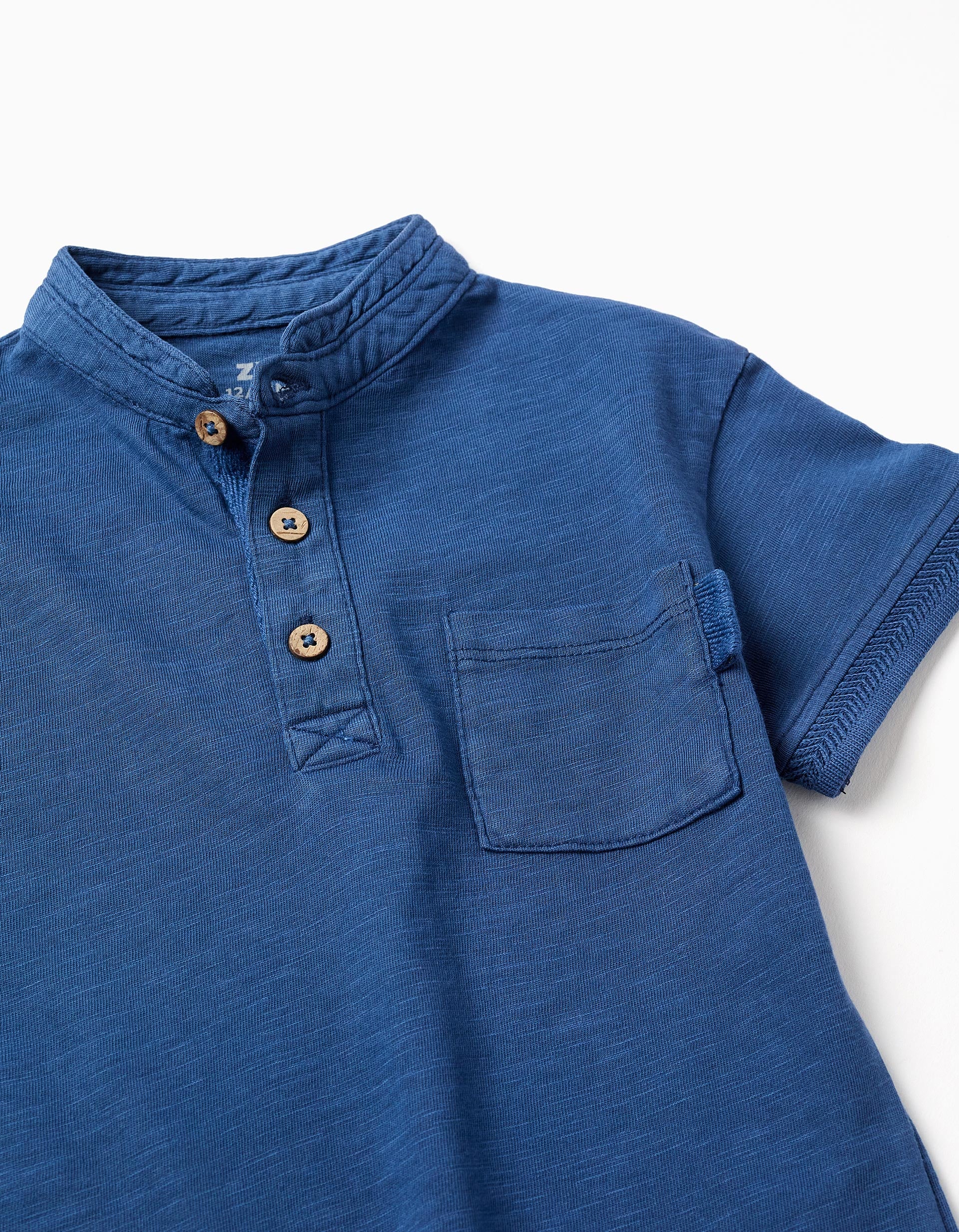 T-shirt de algodão com gola mao e bolso para bebé menino, azul-escuro