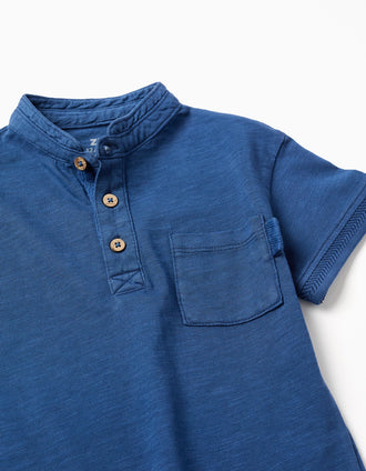 T-shirt de algodão com gola mao e bolso para bebé menino, azul-escuro
