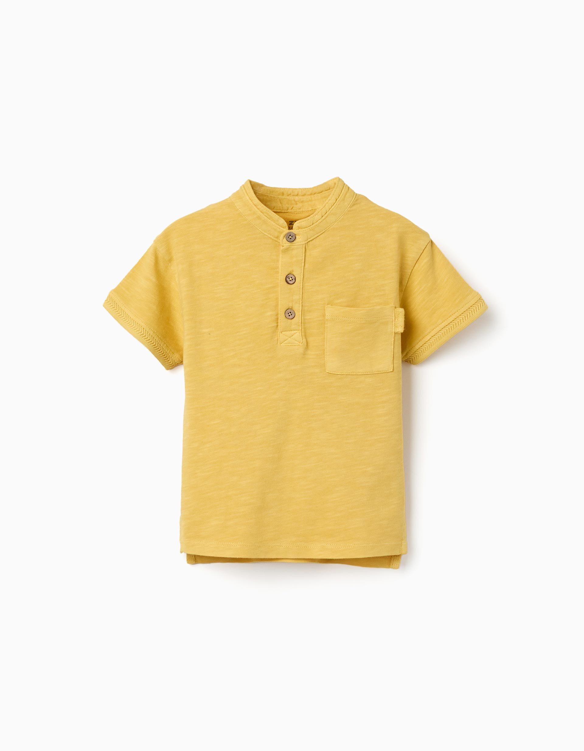 T-shirt de algodão com gola mao e bolso para bebé menino, amarelo