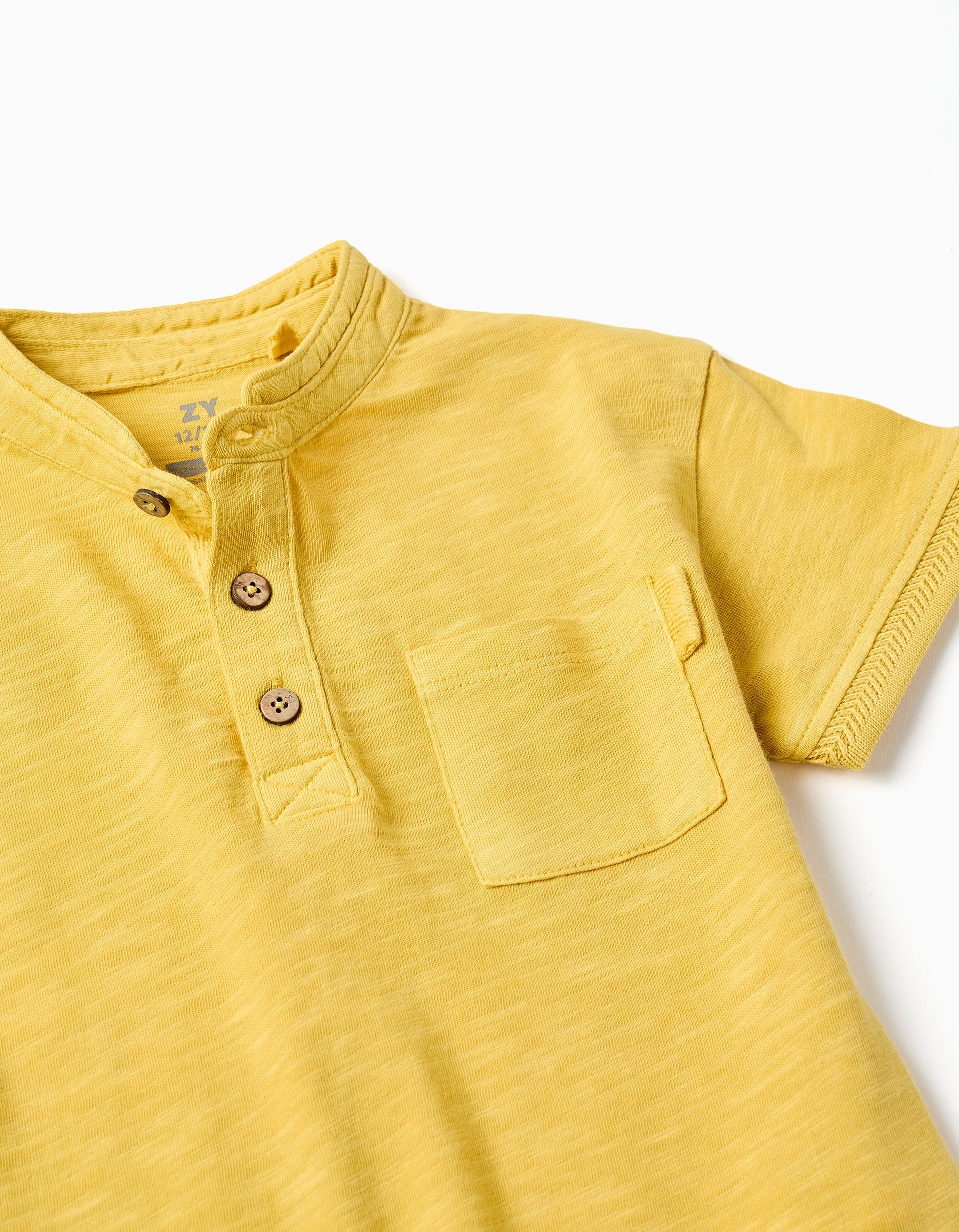 T-shirt de algodão com gola mao e bolso para bebé menino, amarelo