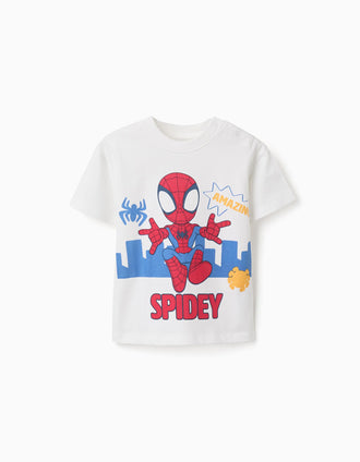 T-shirt de algodão com estampado Spidey para bebé e menino, branco