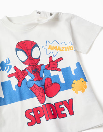 T-shirt de algodão com estampado Spidey para bebé e menino, branco