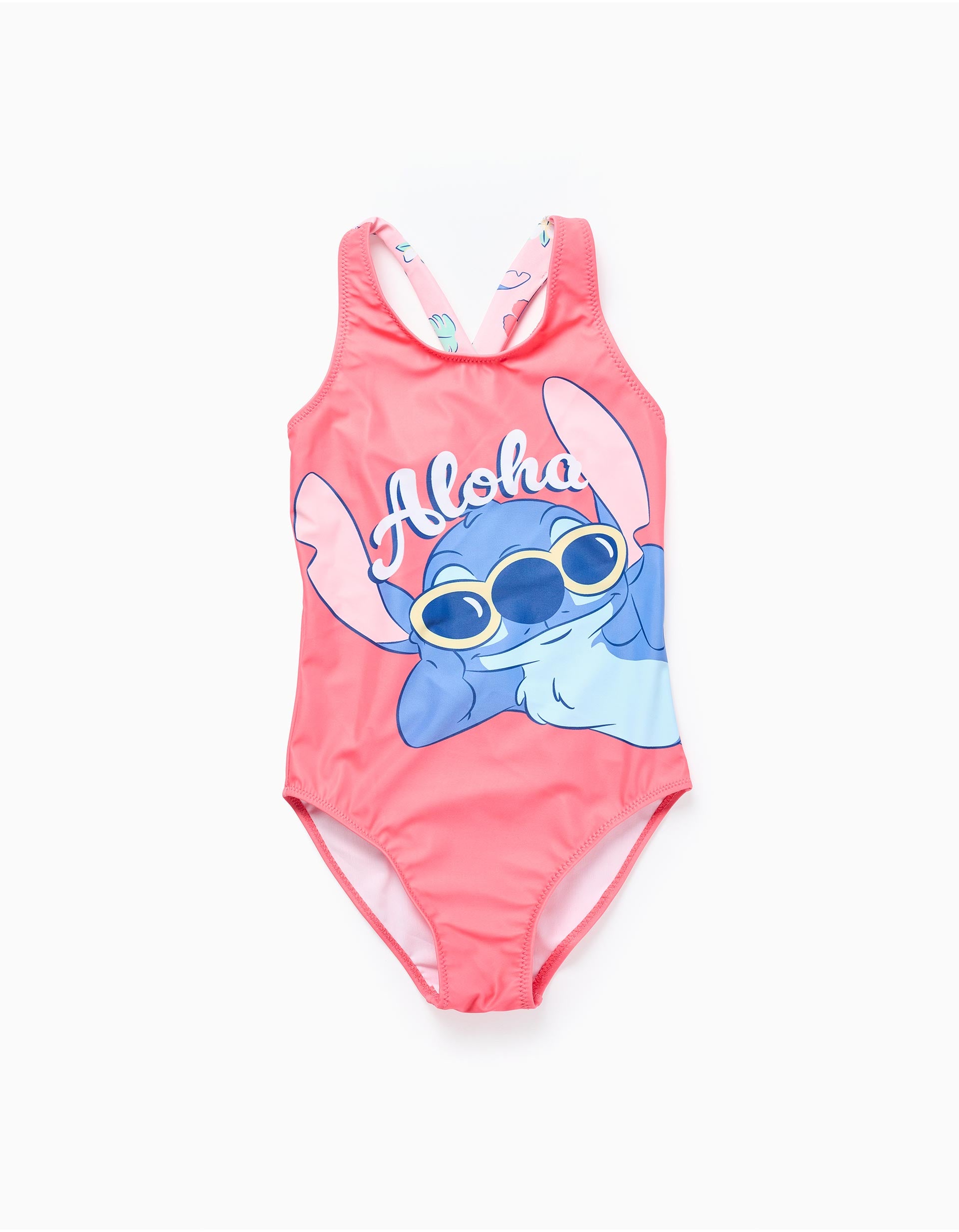 Fato de banho com estampado Stitch e alças cruzadas para menina, coral