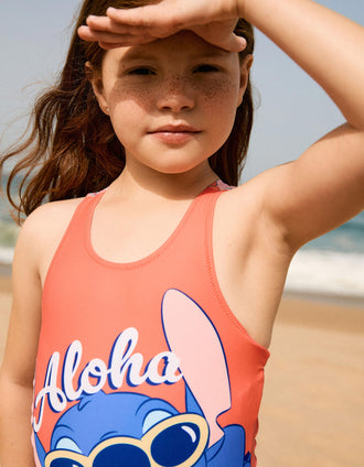 Maillot de bain à imprimé Stitch et bretelles croisées pour fille, corail