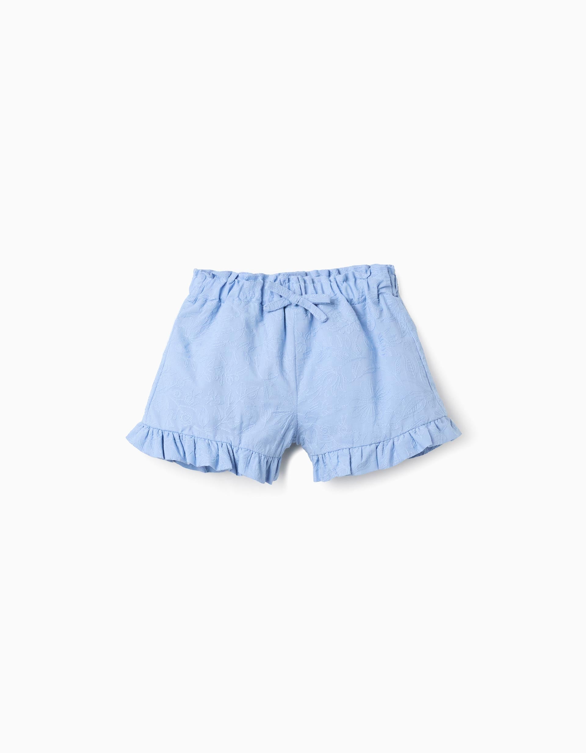 Shorts de algodón con bordado y volantes para bebé niña, azul claro