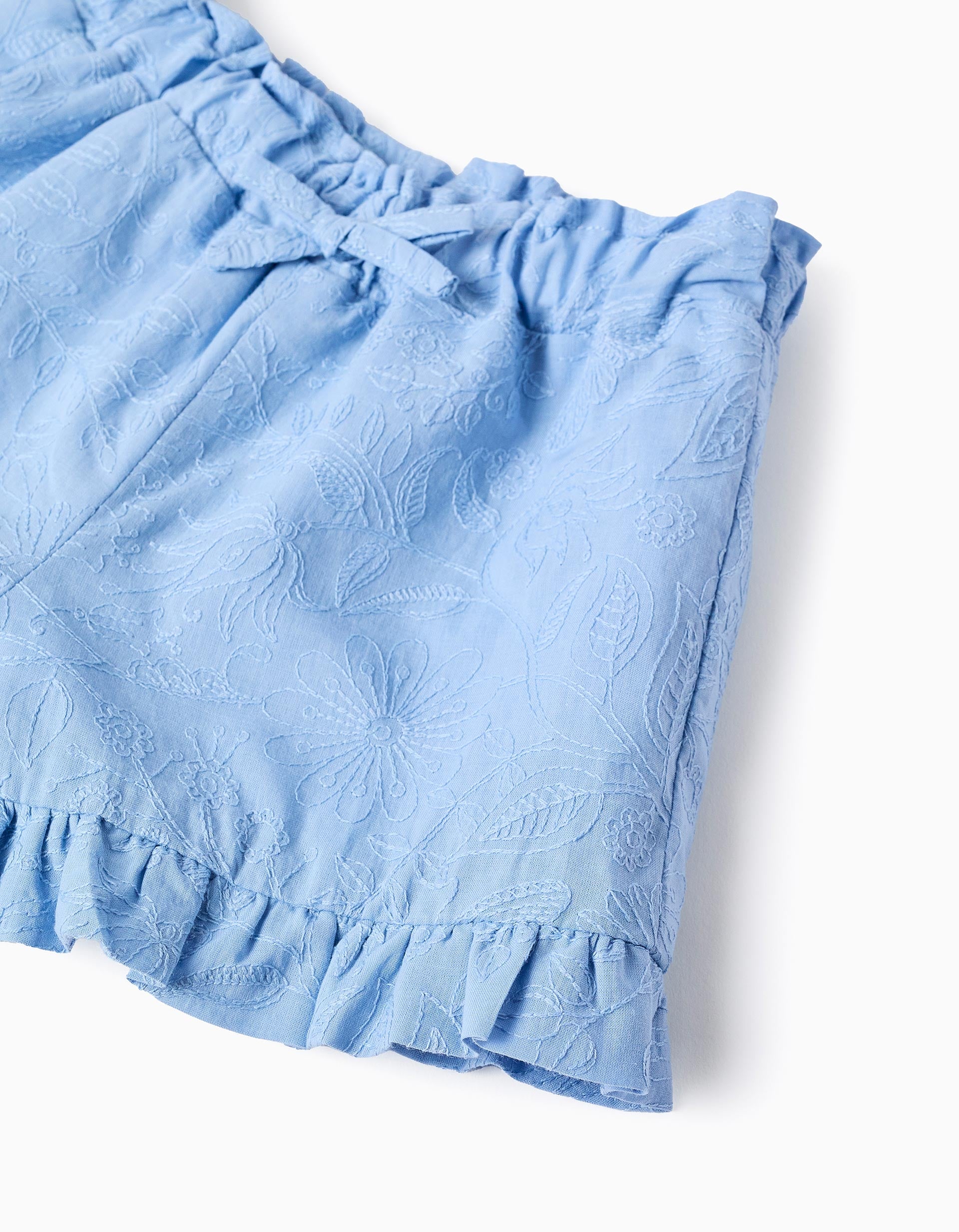 Shorts de algodón con bordado y volantes para bebé niña, azul claro