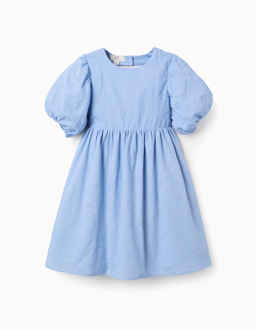 Cotton dress with embroidery and balloon sleeves for girls, light blue