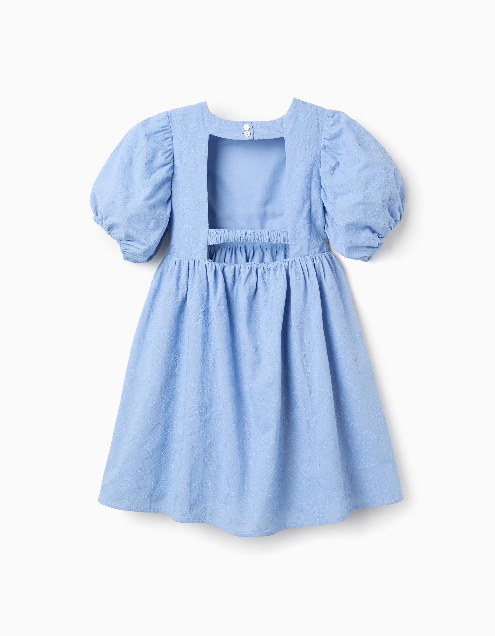 Vestido de algodão com bordado e mangas balão para menina, azul-claro
