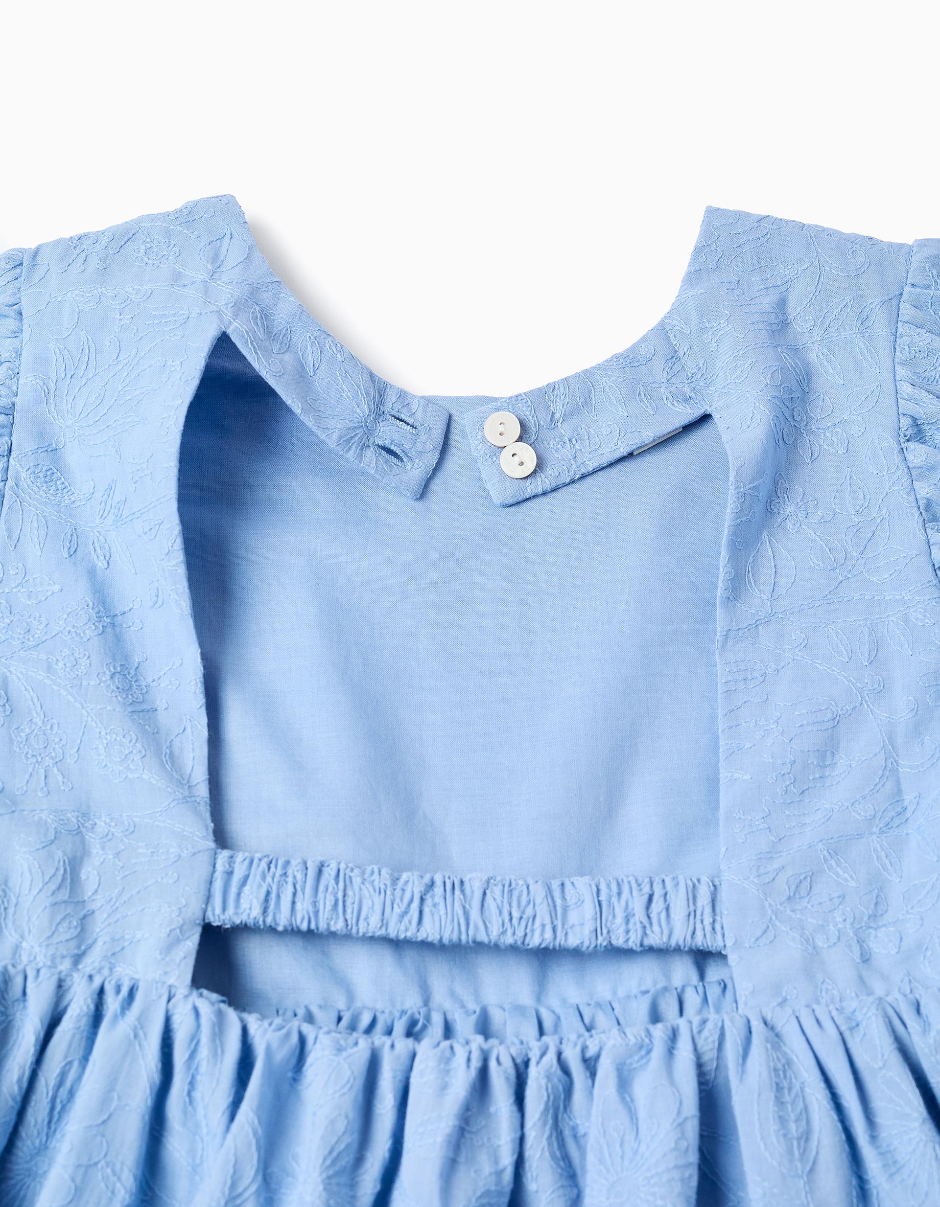 Vestido de algodão com bordado e mangas balão para menina, azul-claro
