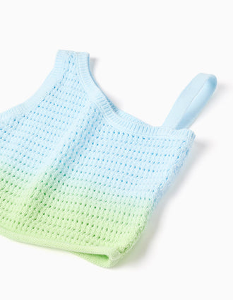 Top sem mangas em crochê com efeito degradê para menina, azul/verde