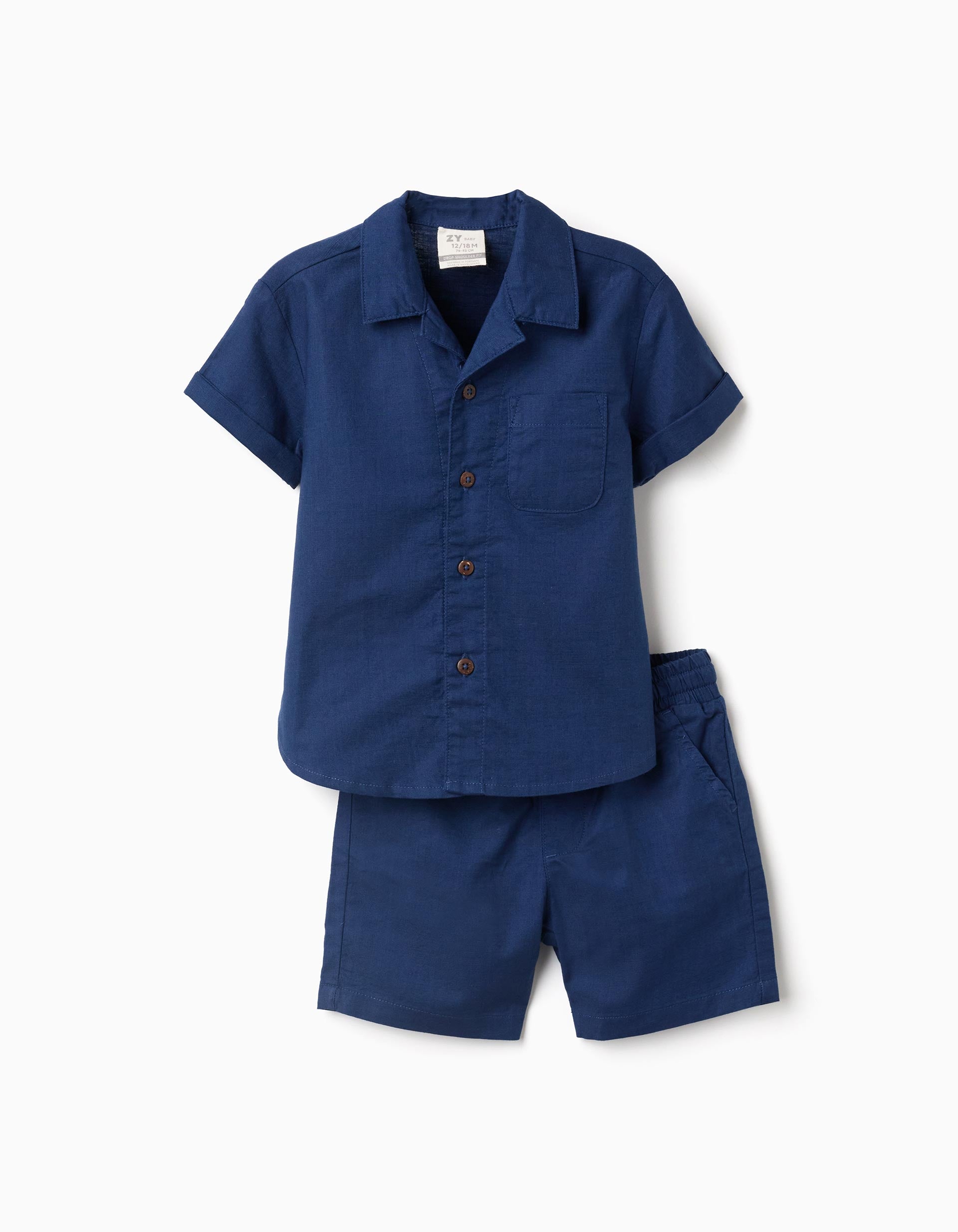 Camisa de manga curta e calções de algodão para bebé menino, azul-escuro