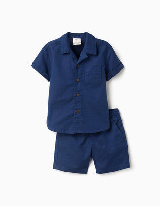 Chemise à manches courtes et short en coton pour bébé garçon, bleu foncé