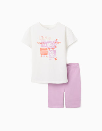 T-shirt e leggings curtas de algodão para menina, branco/lilás