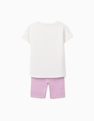 T-shirt e leggings curtas de algodão para menina, branco/lilás