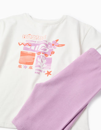 T-shirt e leggings curtas de algodão para menina, branco/lilás