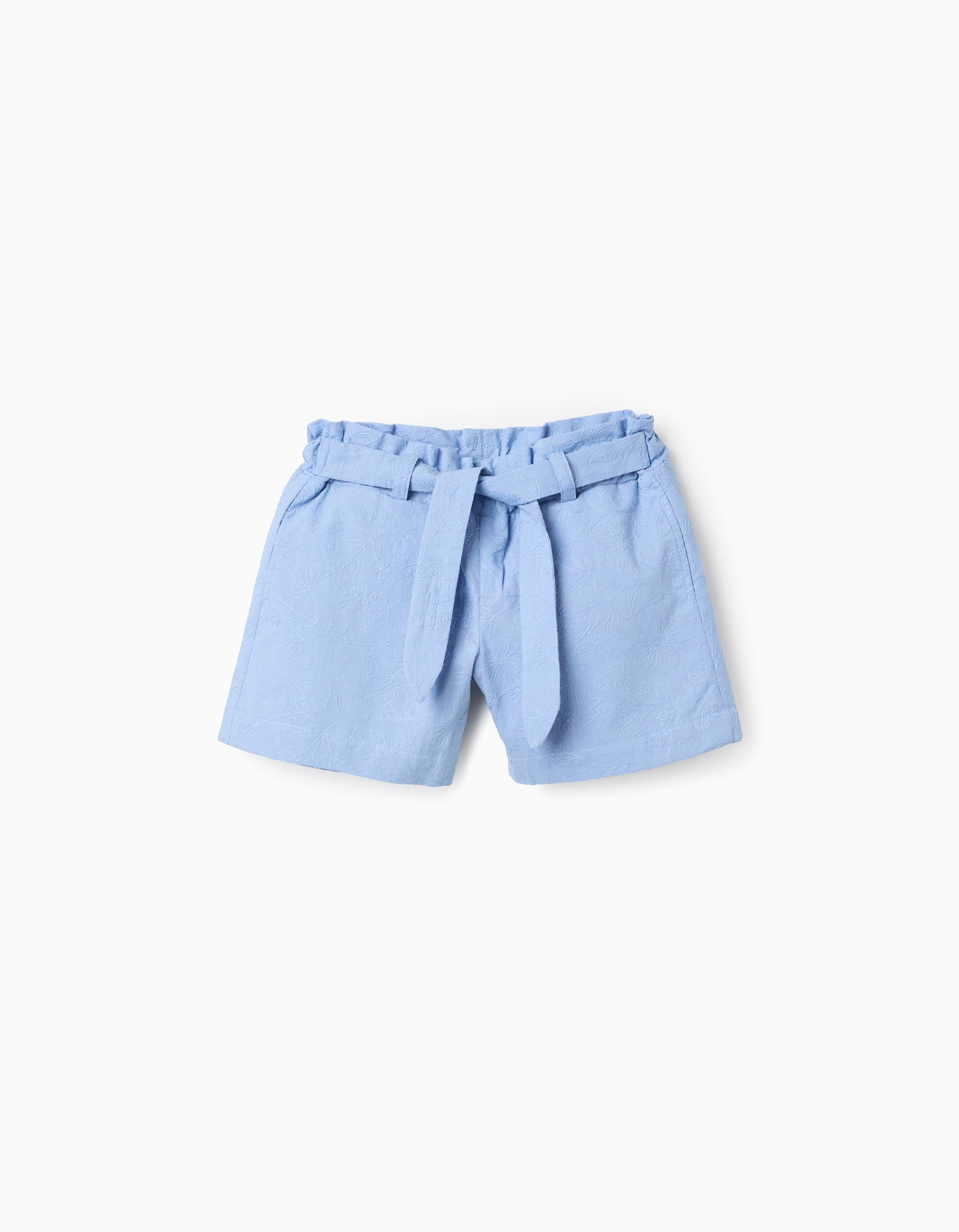 Short en coton avec broderie et ceinture pour fille, bleu clair