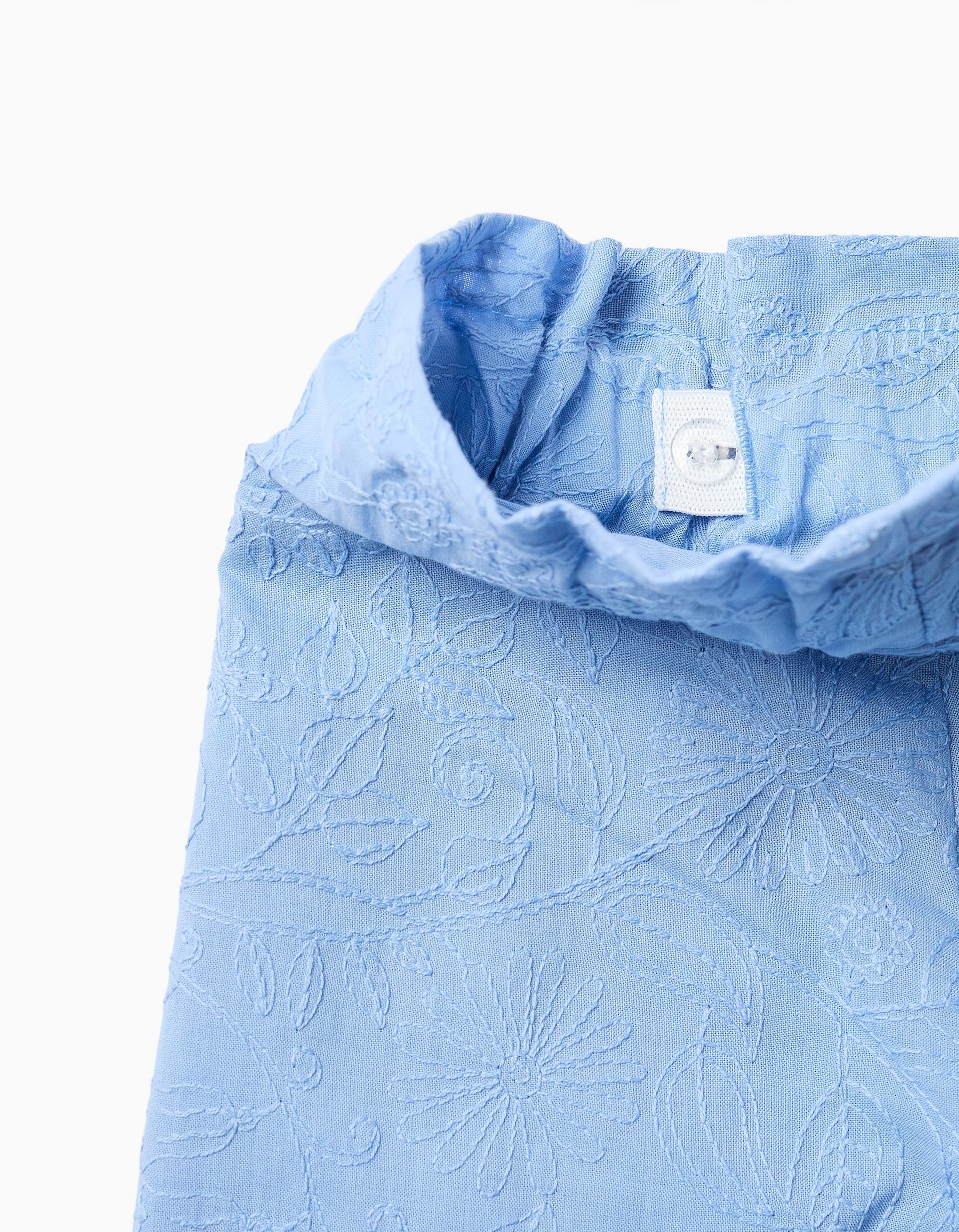 Short en coton avec broderie et ceinture pour fille, bleu clair