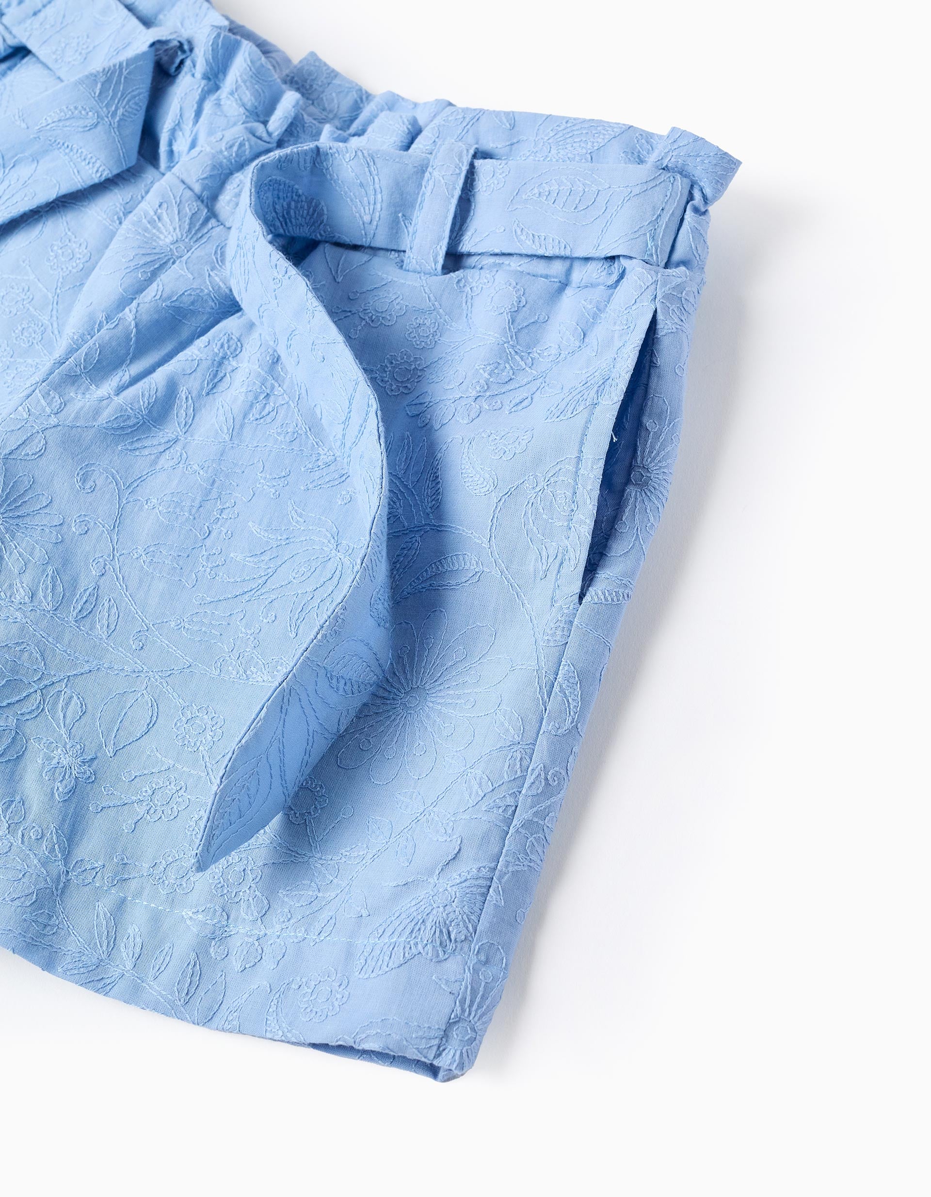 Short en coton avec broderie et ceinture pour fille, bleu clair