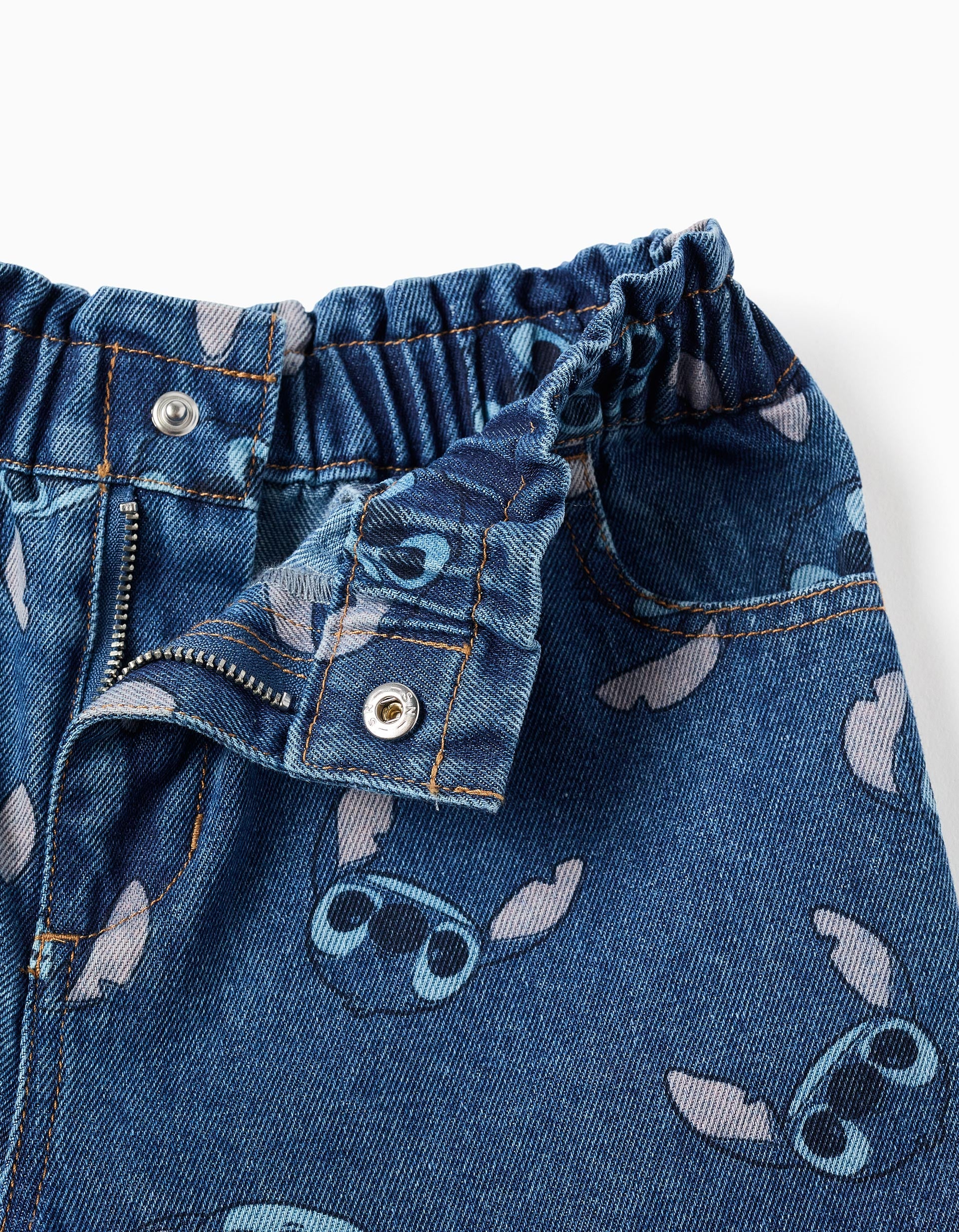 Denim shorts with Stitch motif and paperbag waist for girls, blue