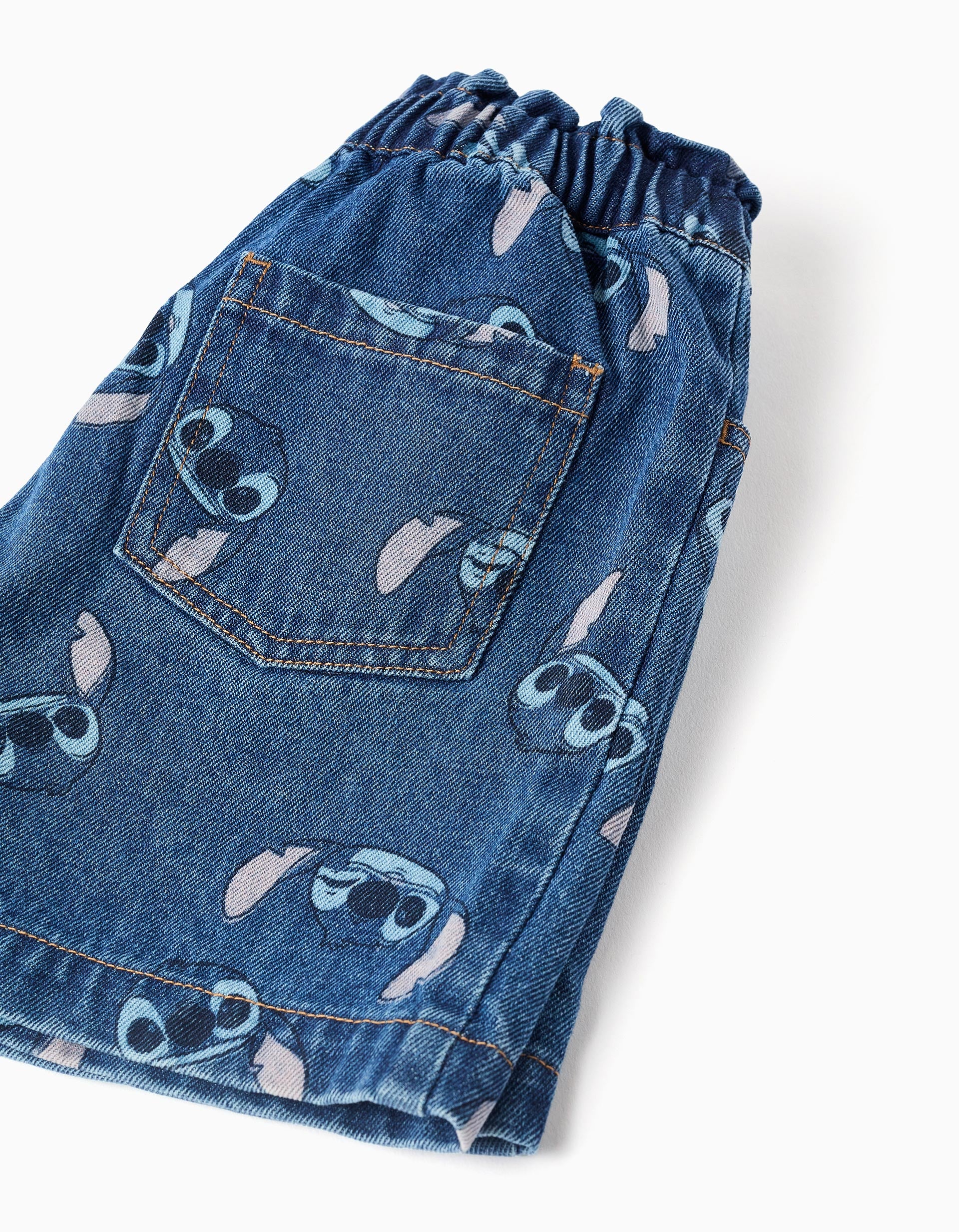 Denim shorts with Stitch motif and paperbag waist for girls, blue