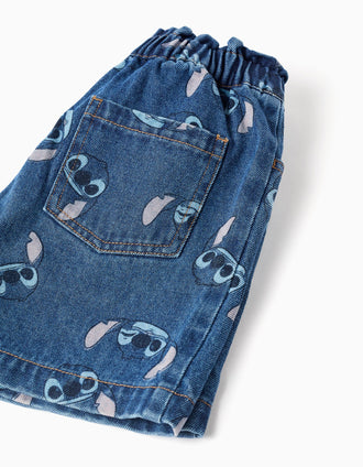 Denim shorts with Stitch motif and paperbag waist for girls, blue