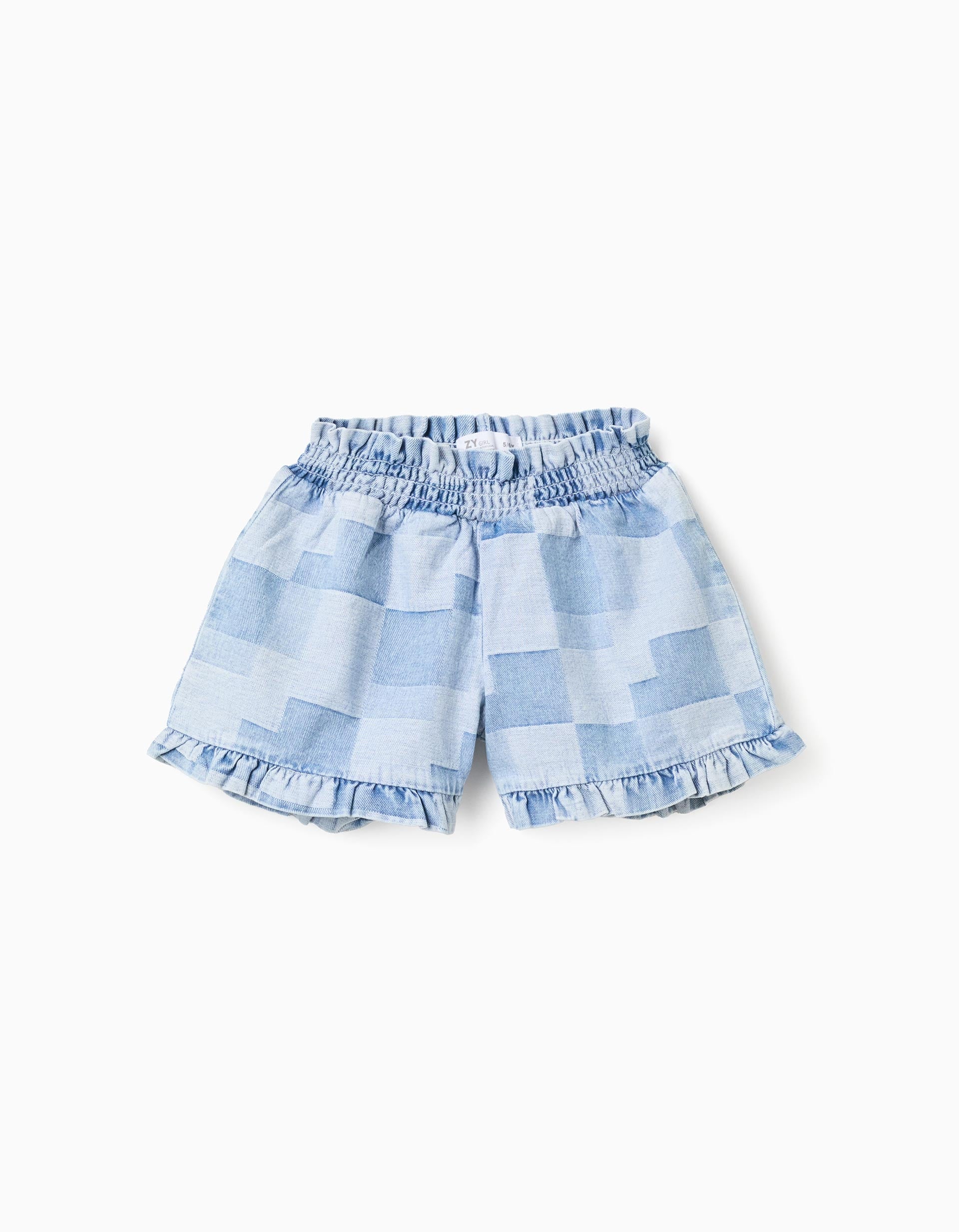 Calções de ganga com padrão xadrez e folhos para menina, azul