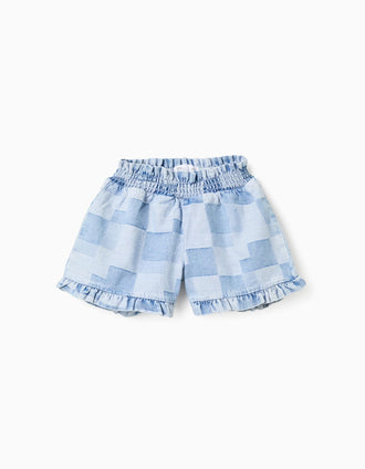 Calções de ganga com padrão xadrez e folhos para menina, azul