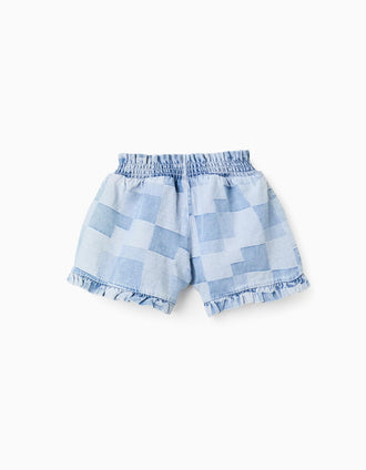 Calções de ganga com padrão xadrez e folhos para menina, azul