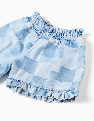 Calções de ganga com padrão xadrez e folhos para menina, azul