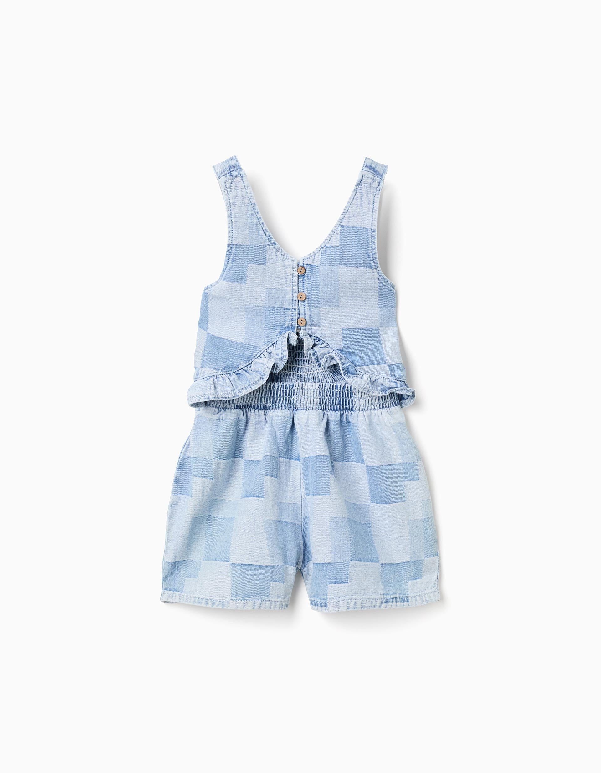 Macacão curto de ganga com padrão xadrez e folhos para menina, azul