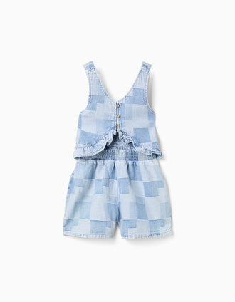 Macacão curto de ganga com padrão xadrez e folhos para menina, azul