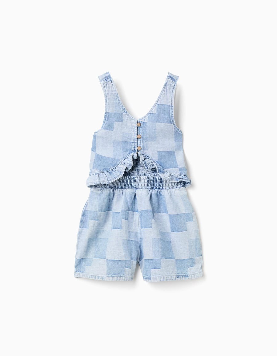 Macacão curto de ganga com padrão xadrez e folhos para menina, azul