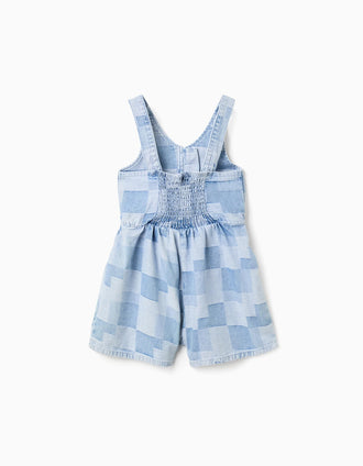 Macacão curto de ganga com padrão xadrez e folhos para menina, azul