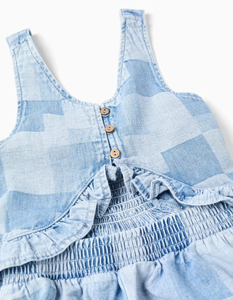 Macacão curto de ganga com padrão xadrez e folhos para menina, azul