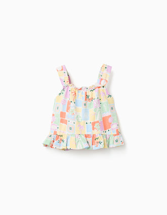 Top sem mangas de algodão com estampado para menina, multicolor