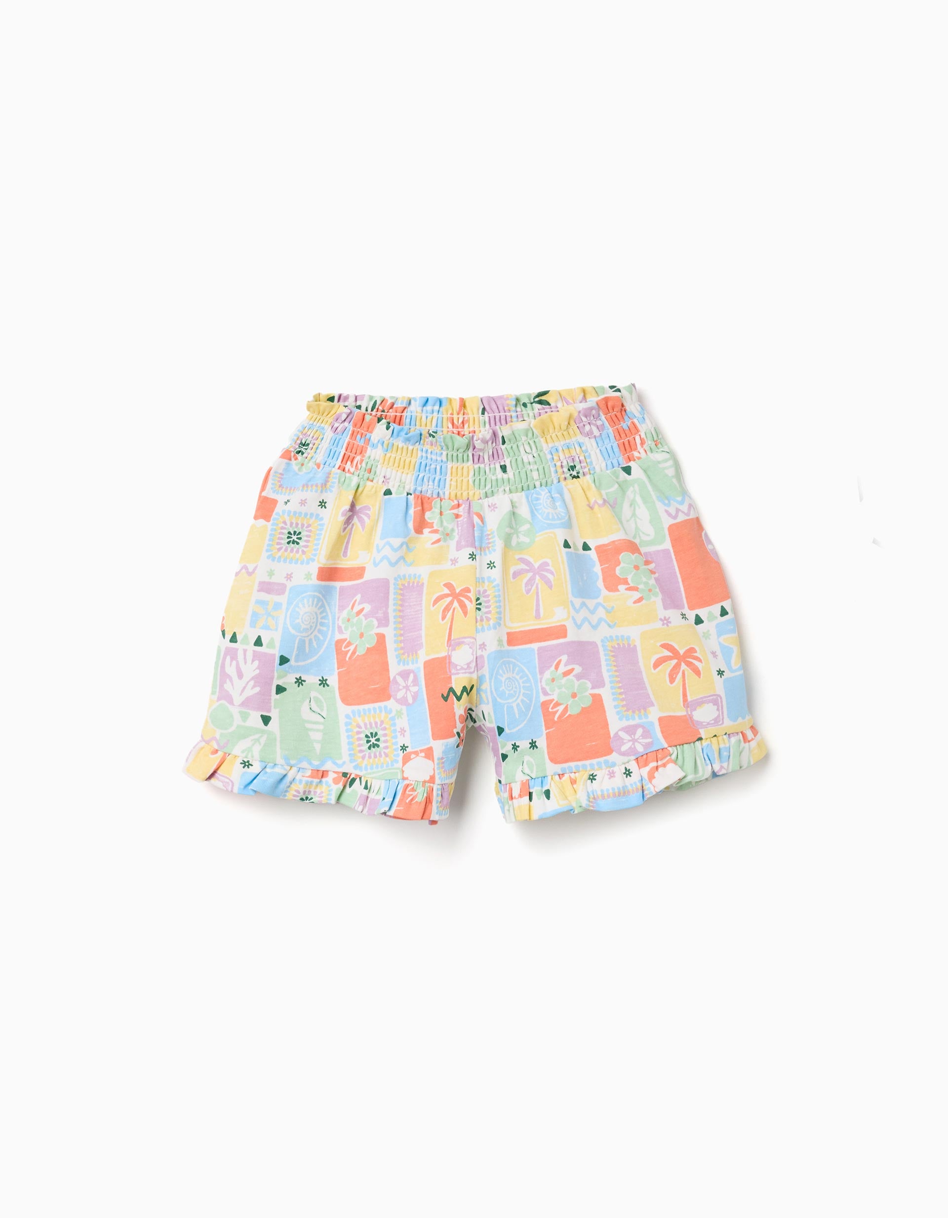 Calções de algodão com estampado colorido e folhos para menina, multicolor