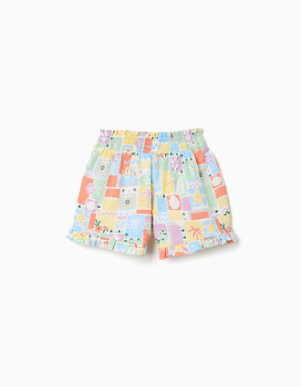 Calções de algodão com estampado colorido e folhos para menina, multicolor