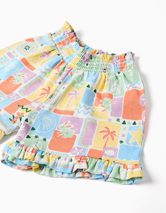 Calções de algodão com estampado colorido e folhos para menina, multicolor