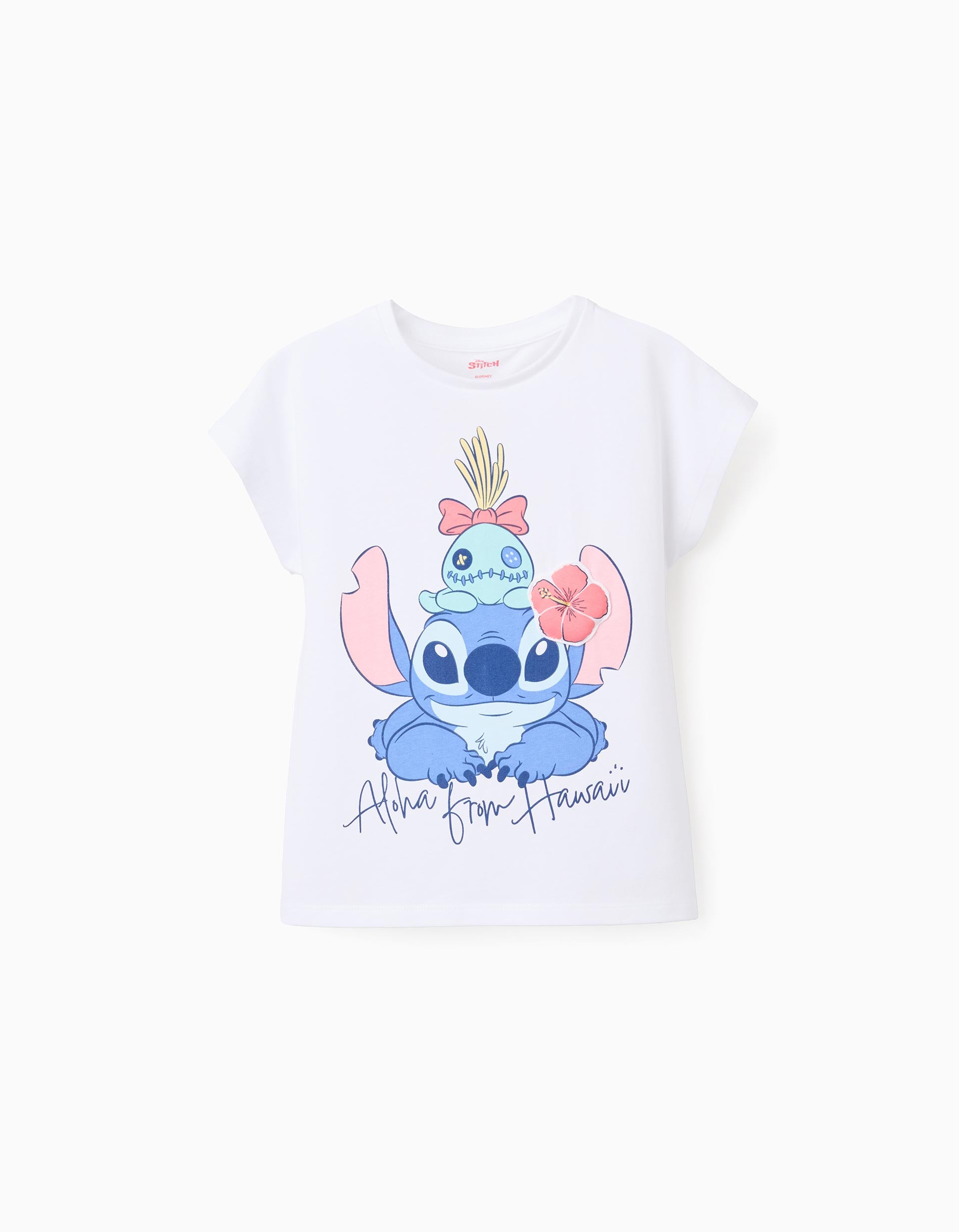 T-shirt de algodão com estampado Stitch e Scrump para menina, branco