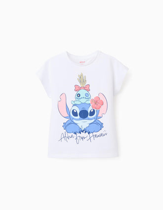 T-shirt de algodão com estampado Stitch e Scrump para menina, branco
